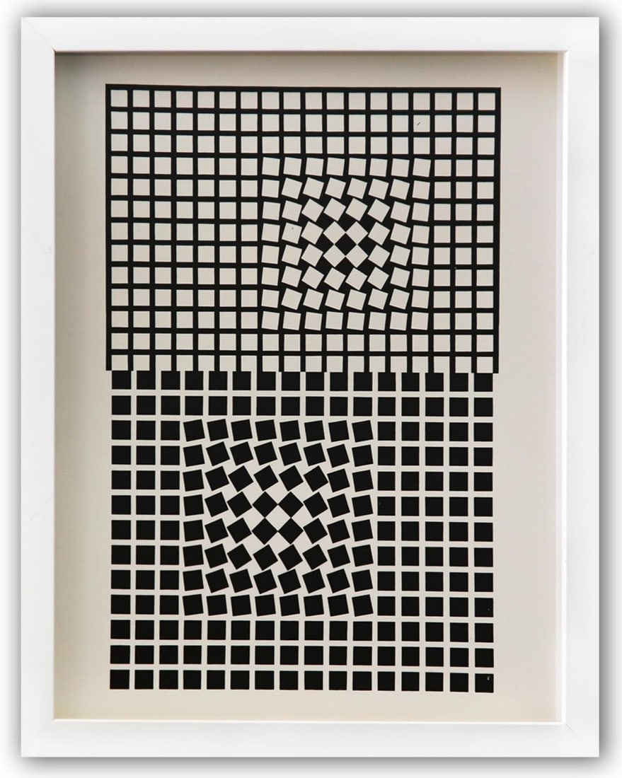 Victor Vasarely- Heliogravure Print "Untitled": Artist: Victor Vasarely. Medium: Heliogravure Print. Title: Untitled. Size: 14" x 11". Measures approx. 15" x 12" (framed). Additional: Custom Framed. Reference#: 21589.