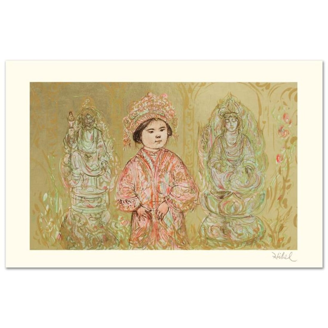 Willie and Two Quan Yins Limited Edition Lithograph by Edna Hibel (1917-2014), Numbered and Hand: Willie and Two Quan Yins is a limited edition lithograph on paper, numbered and hand signed by Edna Hibel (1917-2014). Includes Certificate of Authenticity! Measures approx. 21.5" x 13" (with border),