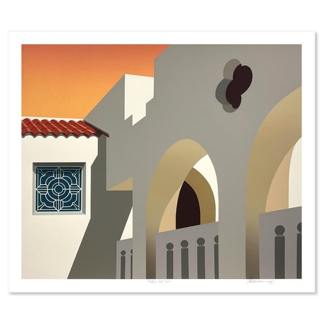 William Schlesinger (1915-2011), "Patio Del Sol" Limited Edition Serigraph, Numbered and Hand Signed: Patio Del Sol is a limited edition serigraph on paper by William Schlesinger (1915-2011), numbered and hand signed by the artist. Includes Letter of Authenticity. Measures approx. 30" x 26" (border), 