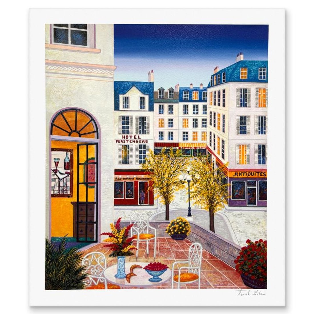 Fanch Ledan, "Hotel Furstemberg" Limited Edition Serigraph, Numbered and Hand Signed with Letter of: Hotel Furstemberg is a limited edition serigraph on paper by Fanch Ledan, numbered and hand signed by the artist. Includes Letter of Authenticity. Measures approx. 17" x 14.5" (border), 15" x 12.5" (i
