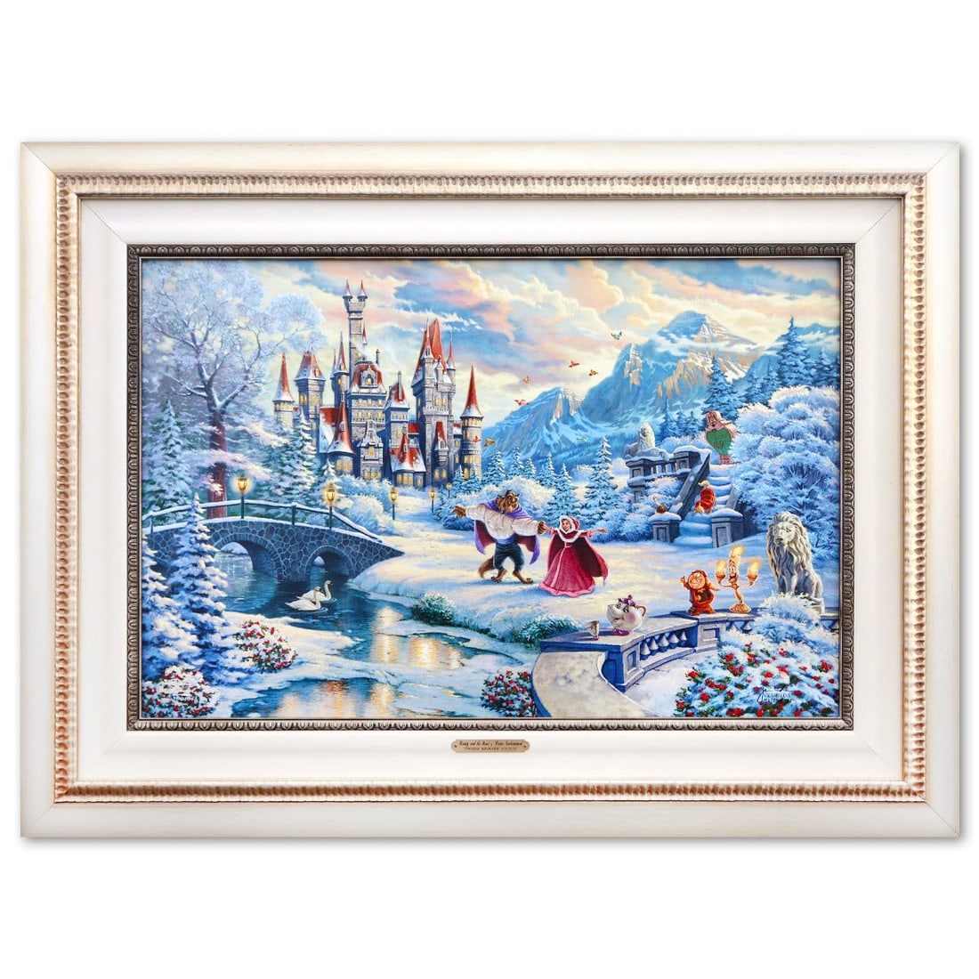 Thomas Kinkade- Hand Embellished Giclee on Canvas "Beauty and the Beast's Winter Enchantment": Artist: Thomas Kinkade. Medium: Hand Embellished Giclee on Canvas. Title: Beauty and the Beast's Winter Enchantment. Size: 17" x 26". Measures approx. 27" x 36" (framed). Signature: Hand signed and nu