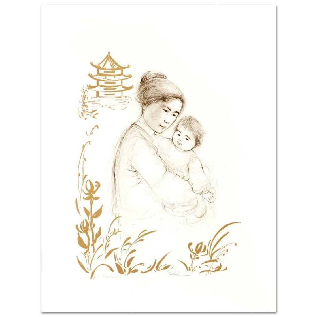 Lei Jeigiong and her Baby in the Garden of Yun-Tai Limited Edition Lithograph by Edna Hibel: Lei Jeigiong and her Baby in the Garden of Yun-Tai is a limited edition lithograph on paper, numbered and hand signed by Edna Hibel (1917-2014). Includes Certificate of Authenticity! Measures approx. 