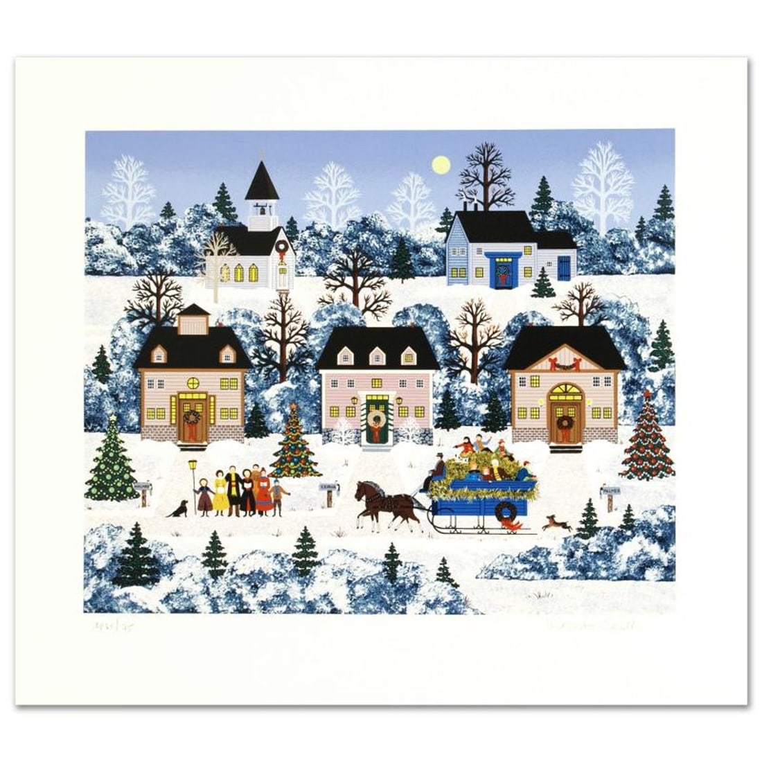 Jane Wooster Scott, "Holiday Sleigh Ride" Hand Signed Limited Edition Serigraph with Letter of: Holiday Sleigh Ride is a limited edition serigraph on paper by Jane Wooster Scott. The piece is hand signed and numbered and comes with a letter of authenticity. Measures approx. 20" x 17.5" (with bor