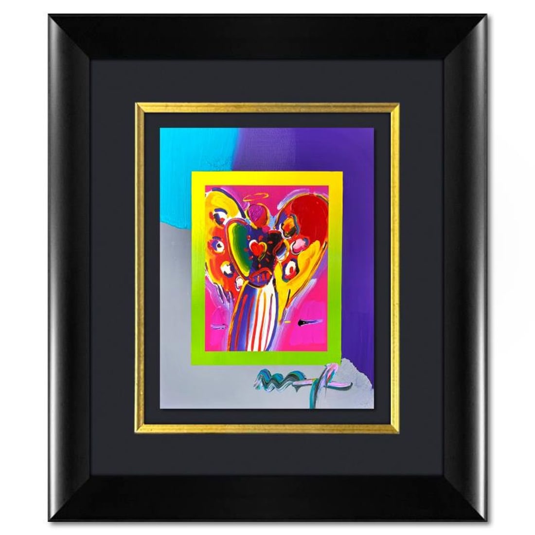 Peter Max, "Angel with Heart" Framed One-of-a-Kind Acrylic Mixed Media, Hand Signed with: Angel with Heart is a hand signed one-of-a-kind acrylic mixed media on paper by Peter Max. The piece comes custom framed with a backside cutout to display Peter Max Studio registration number 269161 c