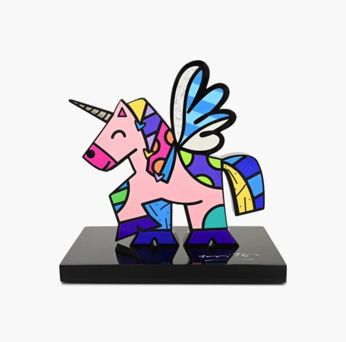 Romero Britto- Resin Sculpture with Hand Embellishments "Unicorn": Artist: Romero Britto. Medium: Resin Sculpture with Hand Embellishments. Title: Unicorn. Size: 8.63" x 8.75". Signature: Hand signed by the artist and includes an exclusive hologram. Certificate of Au