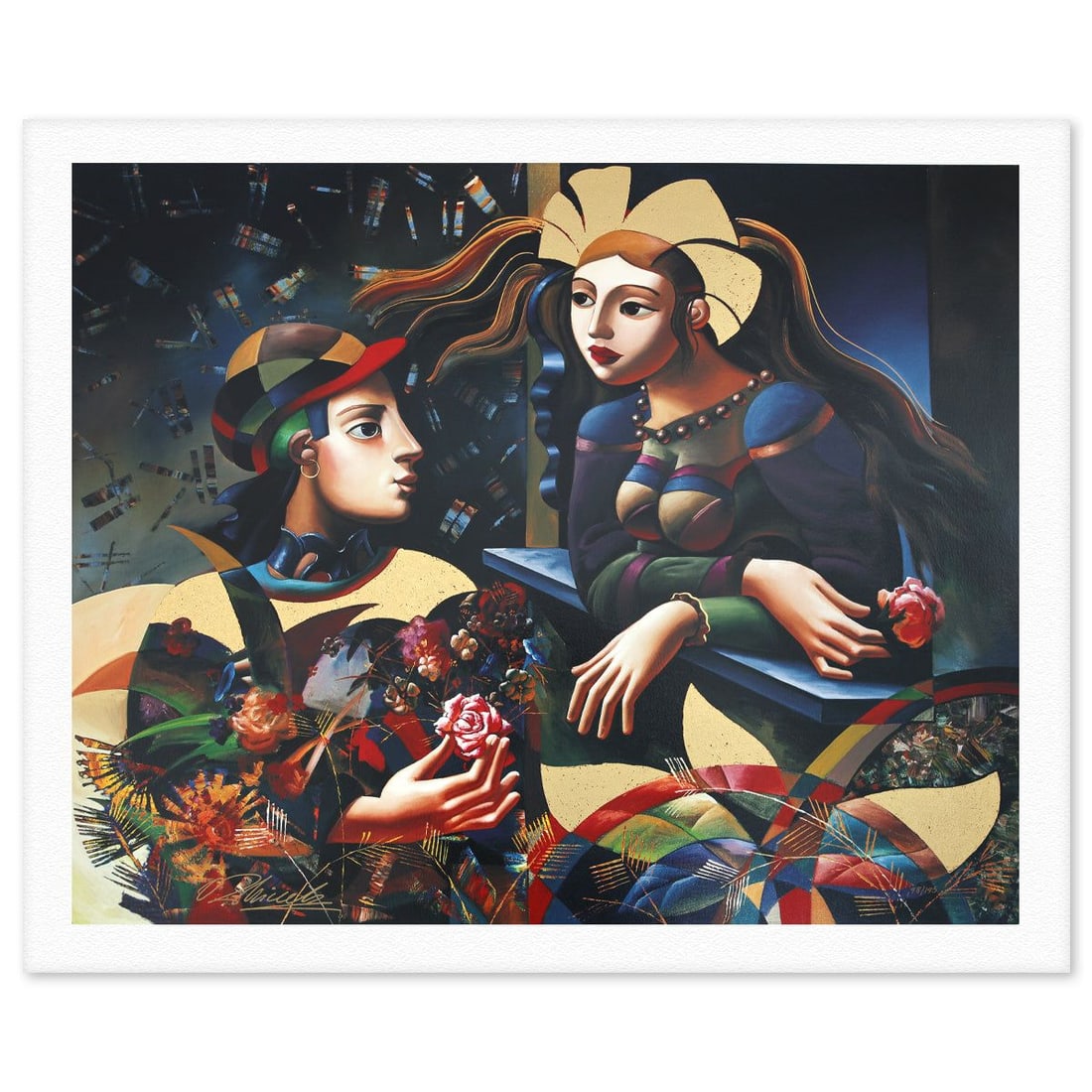 Oleg Zhivetin- Silkscreen "Visit in the Garden": Artist: Oleg Zhivetin. Medium: Silkscreen. Title: Visit in the Garden. Size: 34" x 40". Signature: Hand signed and numbered. Reference#: 74700.