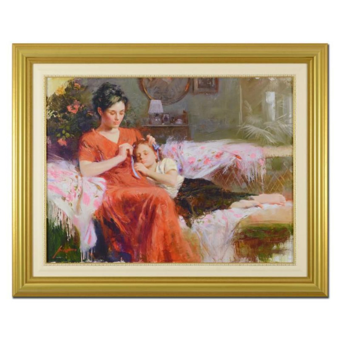 Pino (1939-2010)- Hand Embellished Giclee on Canvas "Sweet Love": Artist: Pino (1939-2010). Medium: Hand Embellished Giclee on Canvas. Title: Sweet Love. Size: 30" x 41". Measures approx. 42" x 52" (framed). Signature: Hand Signed and Numbered by the artist. Certifi