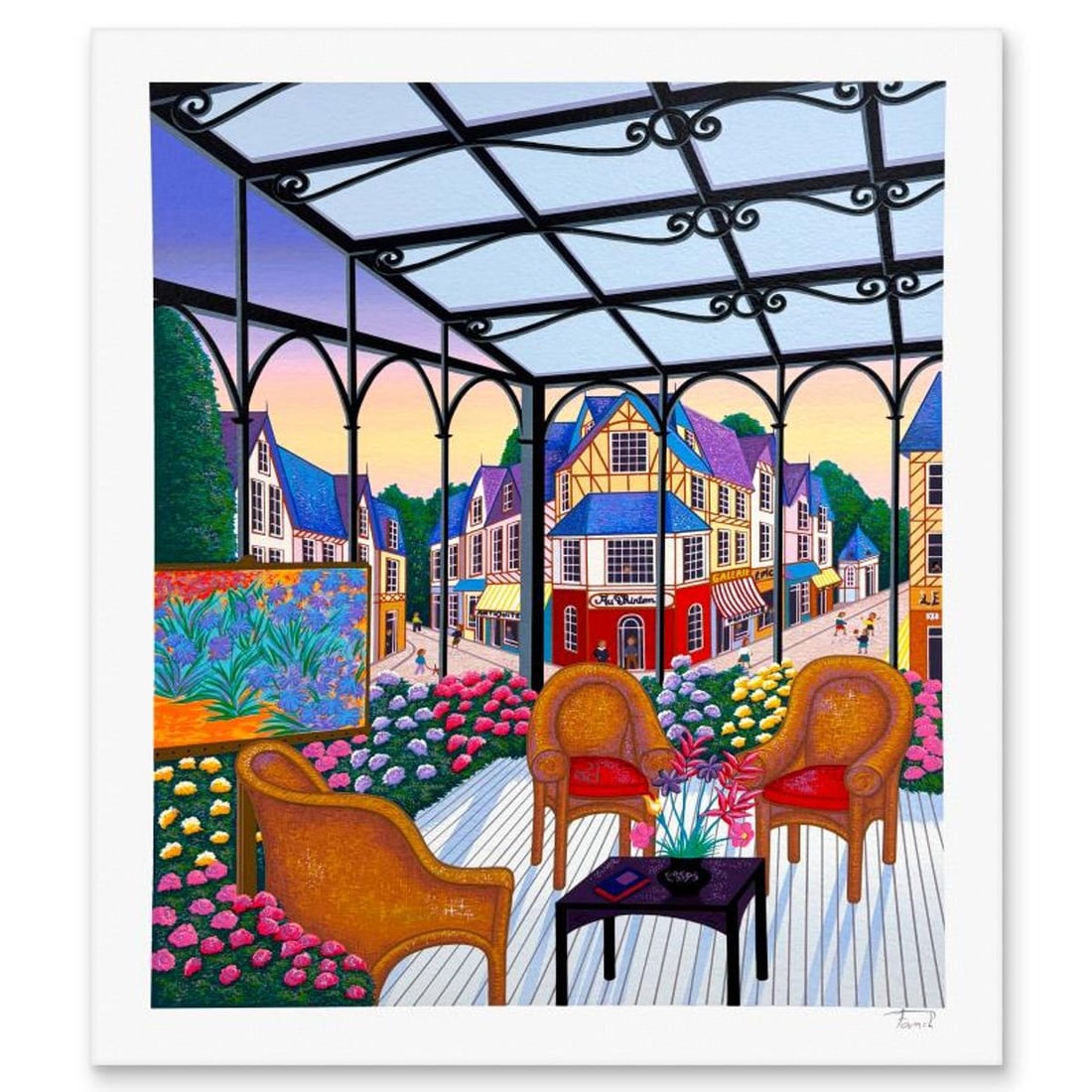 Fanch Ledan, "Loggia a Deauville" Limited Edition Serigraph, Numbered and Hand Signed with Letter of: Loggia a Deauville is a limited edition serigraph on paper by Fanch Ledan, numbered and hand signed by the artist. Includes Letter of Authenticity. Measures approx. 20.5" x 17.5" (border), 18.5" x