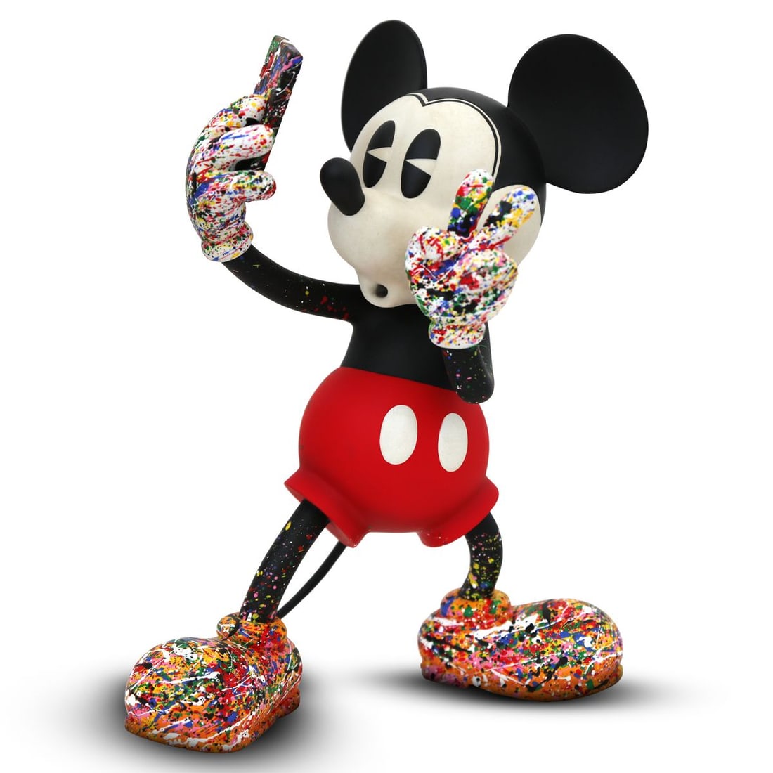 Mr. Brainwash- Acrylic on Resin Sculpture "Selfie Mickey, 2026": Artist: Mr. Brainwash. Medium: Acrylic on Resin Sculpture. Title: Selfie Mickey, 2026. Size: 13" x 10". Signature: Hand signed. Certificate of Authenticity: Is included. Additional: 13x10x8".