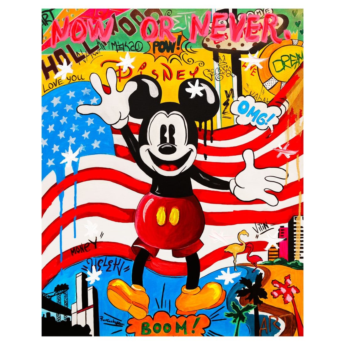 Nastya Rovenskaya- Mixed Media on Canvas "Back in the USA": Artist: Nastya Rovenskaya. Medium: Mixed Media on Canvas. Title: Back in the USA. Size: 30" x 24". Signature: Hand signed. Certificate of Authenticity: Is included. Reference#: 58894.