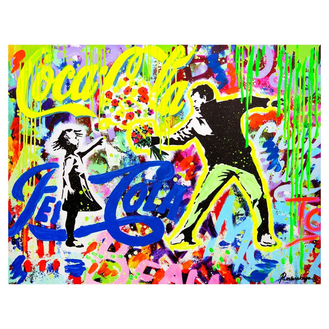 Nastya Rovenskaya- Mixed Media on Canvas "The Flower Giver": Artist: Nastya Rovenskaya. Medium: Mixed Media on Canvas. Title: The Flower Giver. Size: 30" x 40". Signature: Hand signed. Certificate of Authenticity: Is included. Reference#: 49441.