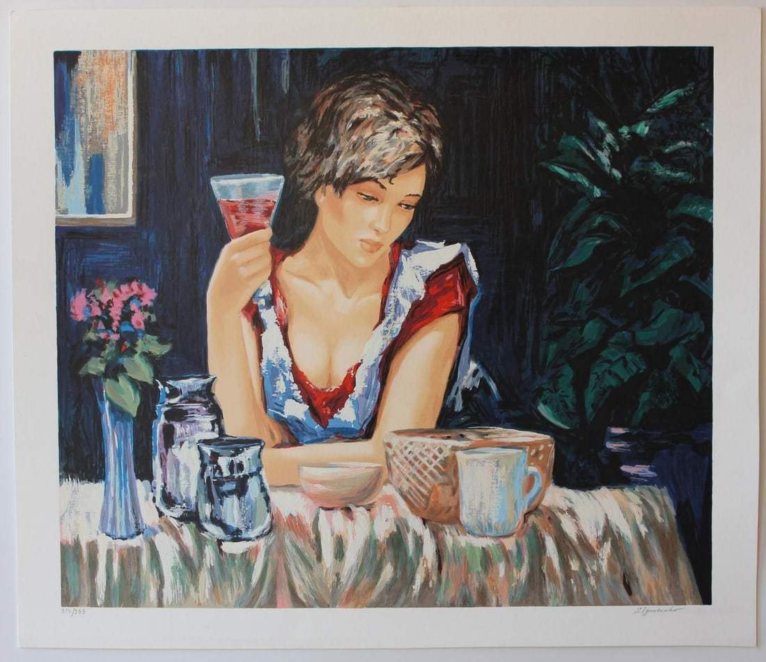 Sergey Ignatenko- Original Serigraph on Paper "Thinking of You": Artist: Sergey Ignatenko. Medium: Original Serigraph on Paper. Title: Thinking of You. Size: 22.5" x 19". Signature: Hand Signed by the Artist. Certificate of Authenticity: From the publisher. Referen