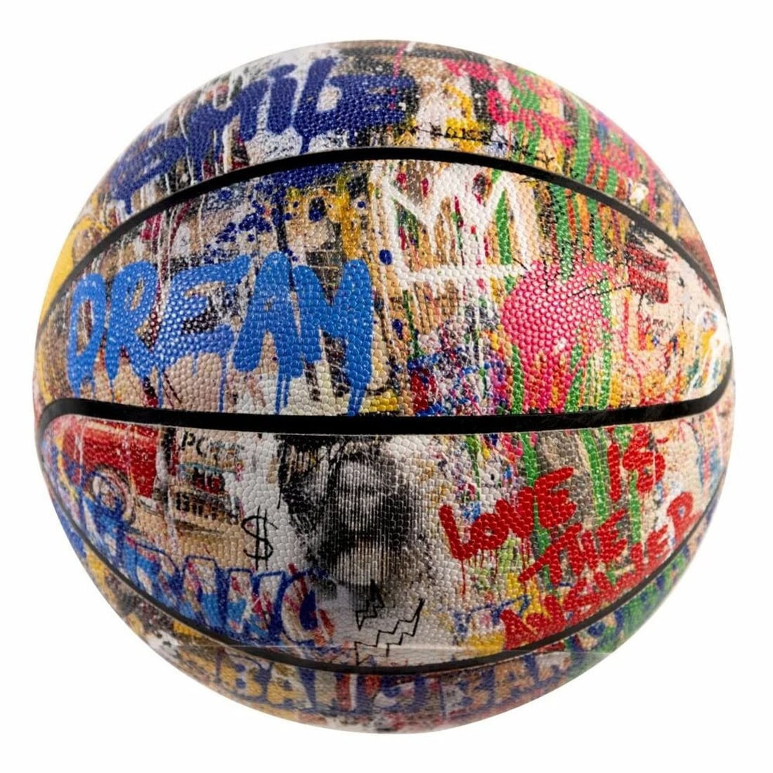 Mr. Brainwash- Limited Edition Basketball "Collage": Artist: Mr. Brainwash. Medium: Limited Edition Basketball. Title: Collage. Size: 10" x 10". Signature: Hand signed and numbered. Certificate of Authenticity: Is included. Reference#: 58800.
