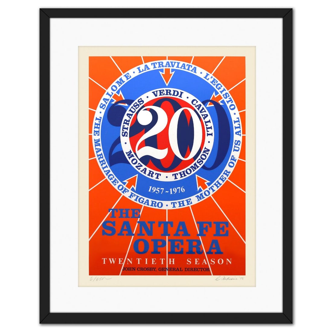 Robert Indiana- Screenprint in colors on wove paper "Santa Fe Opera": Artist: Robert Indiana. Medium: Screenprint in colors on wove paper. Title: Santa Fe Opera. Size: 34" x 25". Measures approx. 45" x 36" (framed). Signature: Hand signed and numbered. Certificate of Au