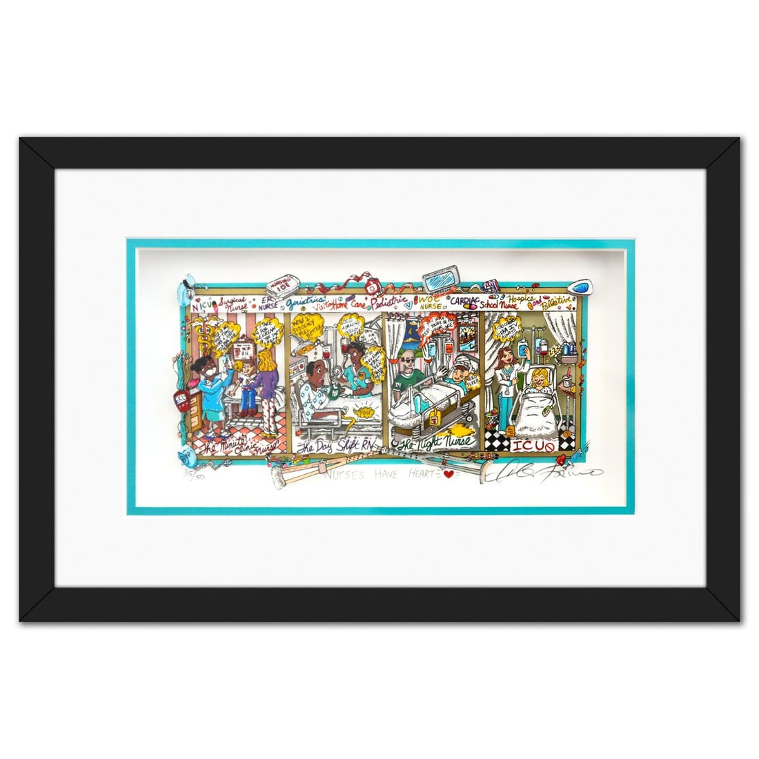 Charles Fazzino- 3D Construction Silkscreen Serigraph "Nurses Have Heart": Artist: Charles Fazzino. Medium: 3D Construction Silkscreen Serigraph. Title: Nurses Have Heart. Size: 6" x 11". Measures approx. 11" x 16" (framed). Signature: Hand Signed and numbered. Certificate o