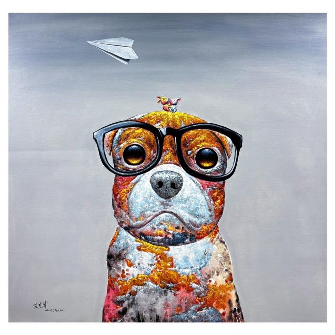Wang, "Thought Progress" Original Mixed Media Painting on Canvas, Hand Signed with Letter of (1 of 2)