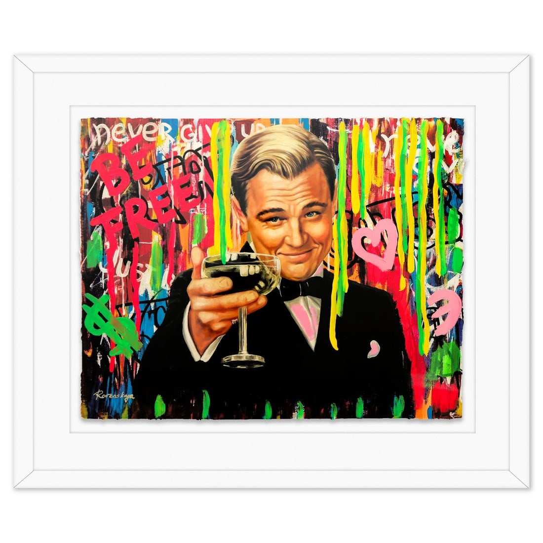 Nastya Rovenskaya- Original Mixed Media on Deckle Edge Paper "The Great Gatsby": Artist: Nastya Rovenskaya. Medium: Original Mixed Media on Deckle Edge Paper. Title: The Great Gatsby. Size: 24" x 30". Measures approx. 35" x 41" (framed). Signature: Hand signed. Certificate of Auth