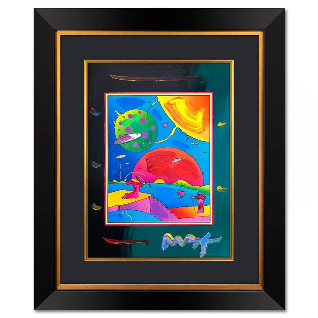Peter Max, "Year 2250" Framed One-of-a-Kind Mixed Media, Hand Signed with Registration Number: Year 2250 is a one-of-a-kind mixed media on paper, hand signed by Peter Max. The piece comes custom framed with a backside cutout to display Peter Max Studio registration number 291909 certifying auth