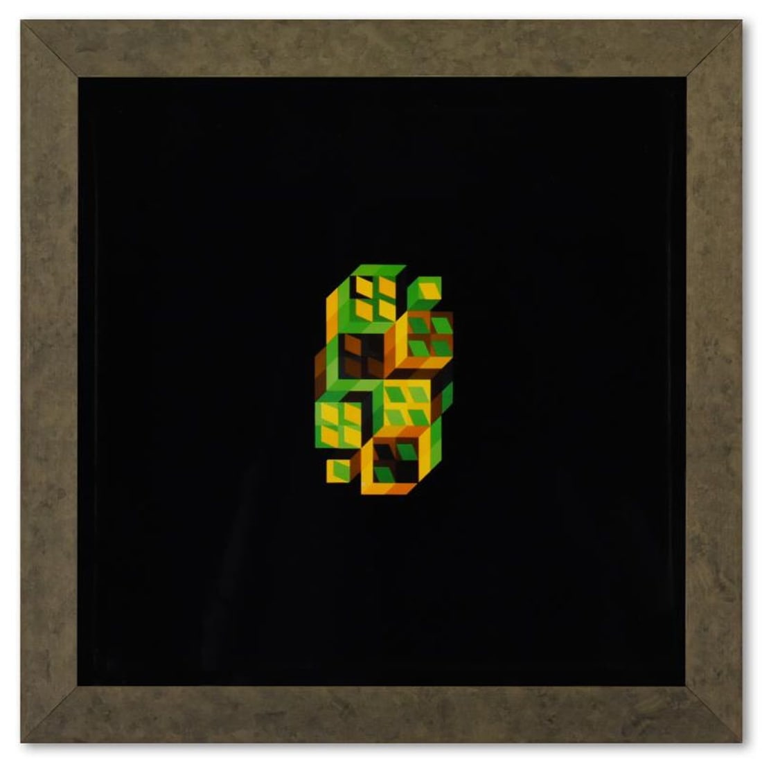 Victor Vasarely (1908-1997), "Tridim - P de la serie Hommage A L'Hexagone" Framed 1971 Heliogravure: Tridim - P de la serie Hommage A L'Hexagone is a heliogravure print on paper, published in 1971, by Victor Vasarely (1908-1997). This piece comes custom framed, with a letter of authenticity and with 
