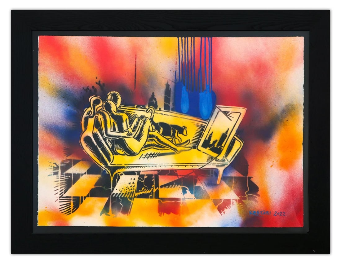 Mark Kostabi- Original Mixed Media on Paper "Between the Silence": Artist: Mark Kostabi. Medium: Original Mixed Media on Paper. Title: Between the Silence. Size: 30" x 42". Measures approx. 38" x 51" (framed). Signature: Hand Signed by the artist. Certificate of