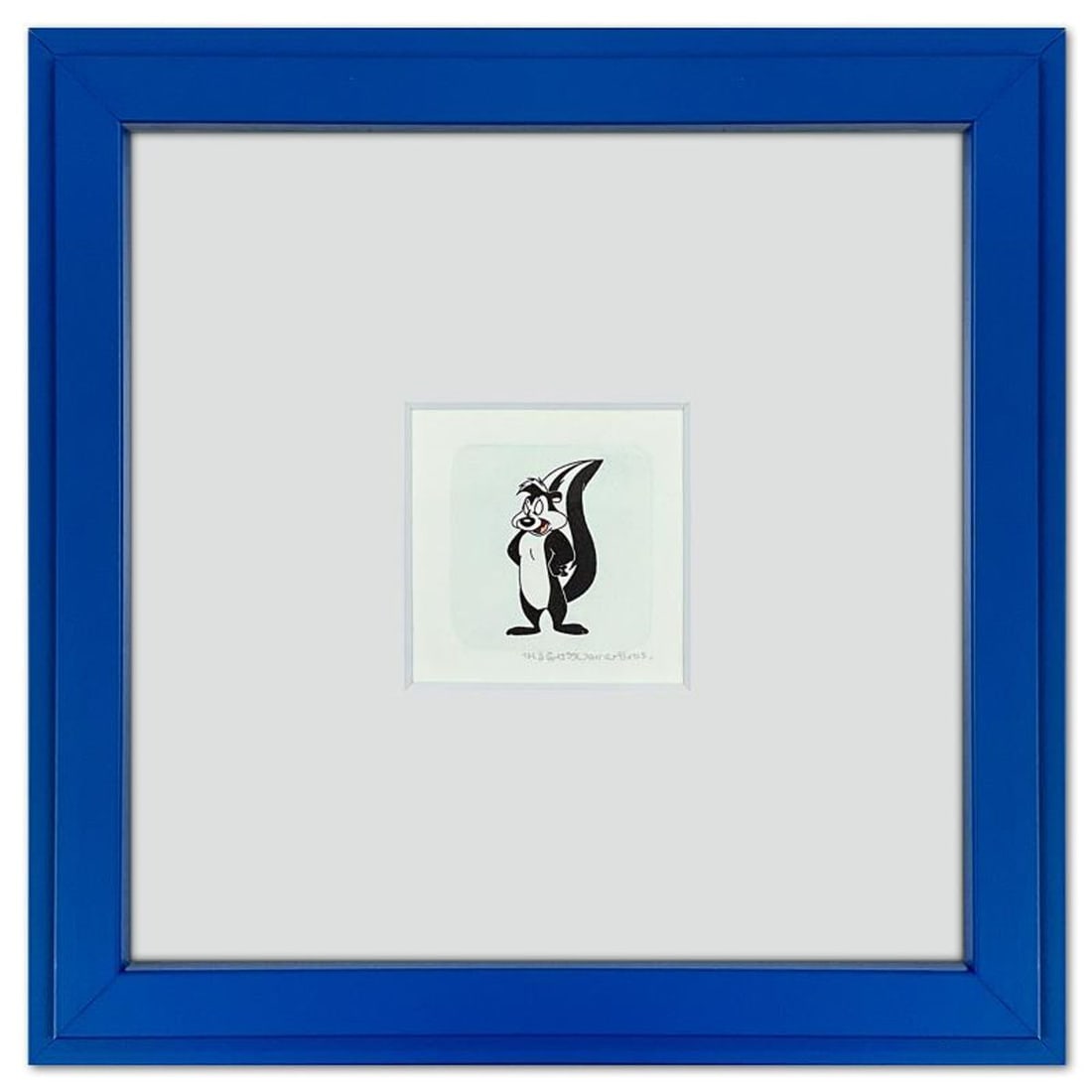 Pepe le Pew Framed Limited Edition Etching with Hand Tinted Color from Warner Bros., Numbered with: Pepe le Pew is a limited edition etching on paper with hand tinted coloring from Warner Bros., numbered and dated 1999. This piece comes framed. Measures approx. 9" x 9" (frame), 1" x 2" (image).