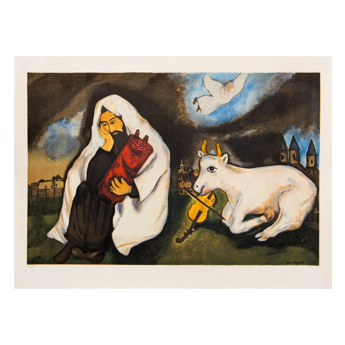 Marc Chagall- Lithograph "Loneliness": Artist: Marc Chagall. Medium: Lithograph. Title: Loneliness. Size: 23.5" x 30.5". Signature: Stamp signed and numbered. Certificate of Authenticity: Is included. Additional: Printed by Atelier