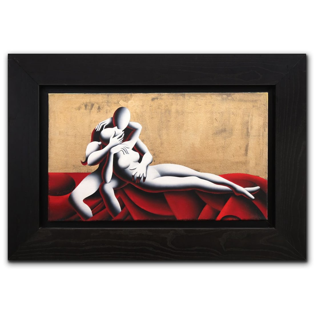 Mark Kostabi- Oil on Canvas "This Golden Moment": Artist: Mark Kostabi. Medium: Oil on Canvas. Title: This Golden Moment. Size: 16" x 28". Measures approx. 26" x 38" (framed). Signature: Hand signed. Certificate of Authenticity: Is included. Referenc