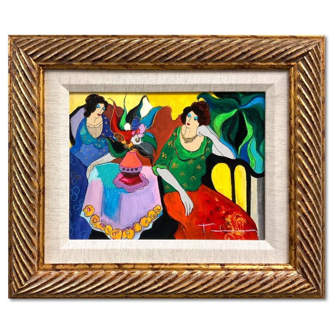 Itzchak Tarkay (1935-2012), "Tranquility" Framed One-of-a-Kind Mixed Media Over Paint on Wood, Hand: Tranquility is a one-of-a-kind mixed media over paint on wood by Itzchak Tarkay (1935-2012), hand signed by the artist. This piece comes custom framed. Includes Letter of Authenticity. Measures approx