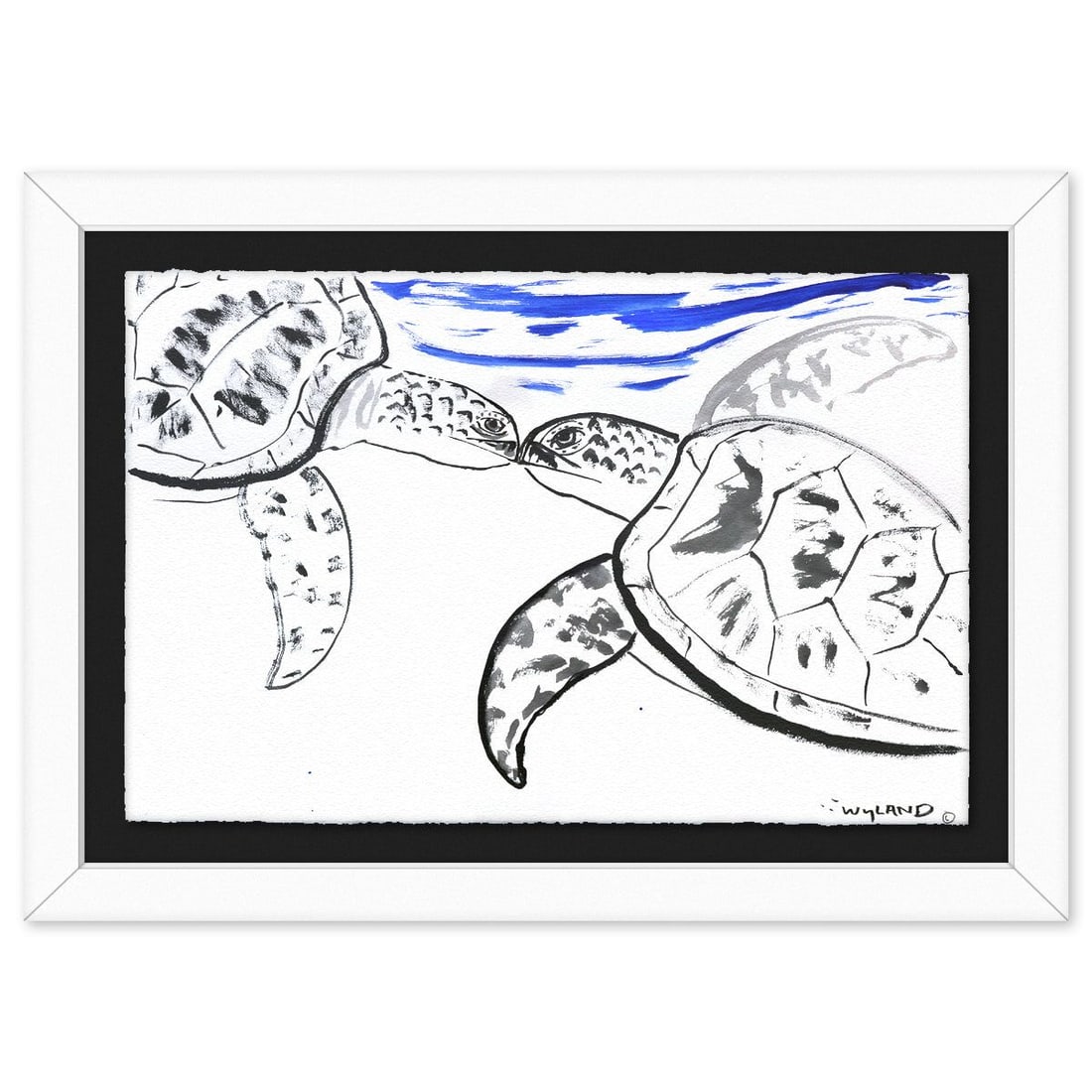 Wyland- Original Sumi Ink Painting "Kissing Turtles": Artist: Wyland. Medium: Original Sumi Ink Painting. Title: Kissing Turtles. Size: 26" x 40". Measures approx. 35" x 49" (framed). Signature: Hand signed by the artist. Certificate of Authenticity: Is 