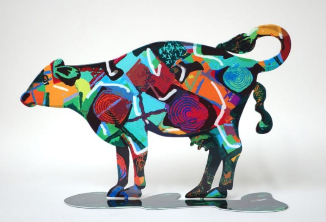 David Gerstein- Free Standing Sculpture "Tikva cow": Artist: David Gerstein. Medium: Free Standing Sculpture. Title: Tikva cow. Size: 10.6" x 16.5". Signature: Signed by the artist. Certificate of Authenticity: Is included. Additional: This piece is