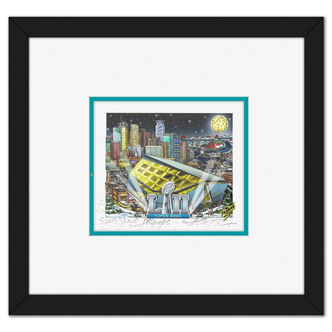 Charles Fazzino- 3D Construction Silkscreen Serigraph "Super Bowl Champs": Artist: Charles Fazzino. Medium: 3D Construction Silkscreen Serigraph. Title: Super Bowl Champs. Size: 5" x 6". Measures approx. 11" x 12" (framed). Signature: Hand signed and numbered. Certificate