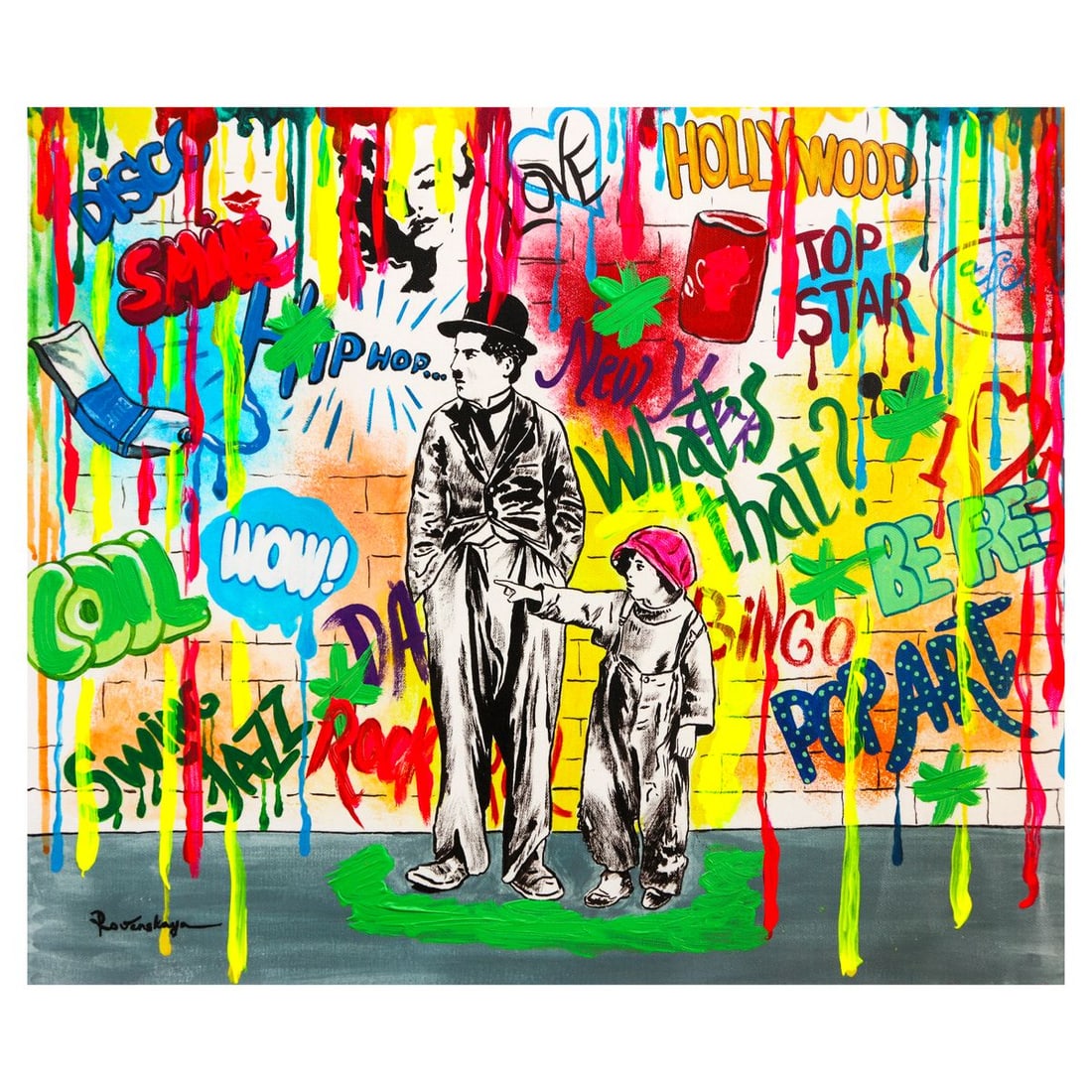 Nastya Rovenskaya- Mixed Media on Canvas "Wanna be like Chaplin": Artist: Nastya Rovenskaya. Medium: Mixed Media on Canvas. Title: Wanna be like Chaplin. Size: 16" x 20". Signature: Hand signed. Certificate of Authenticity: Is included. Reference#: 49408.