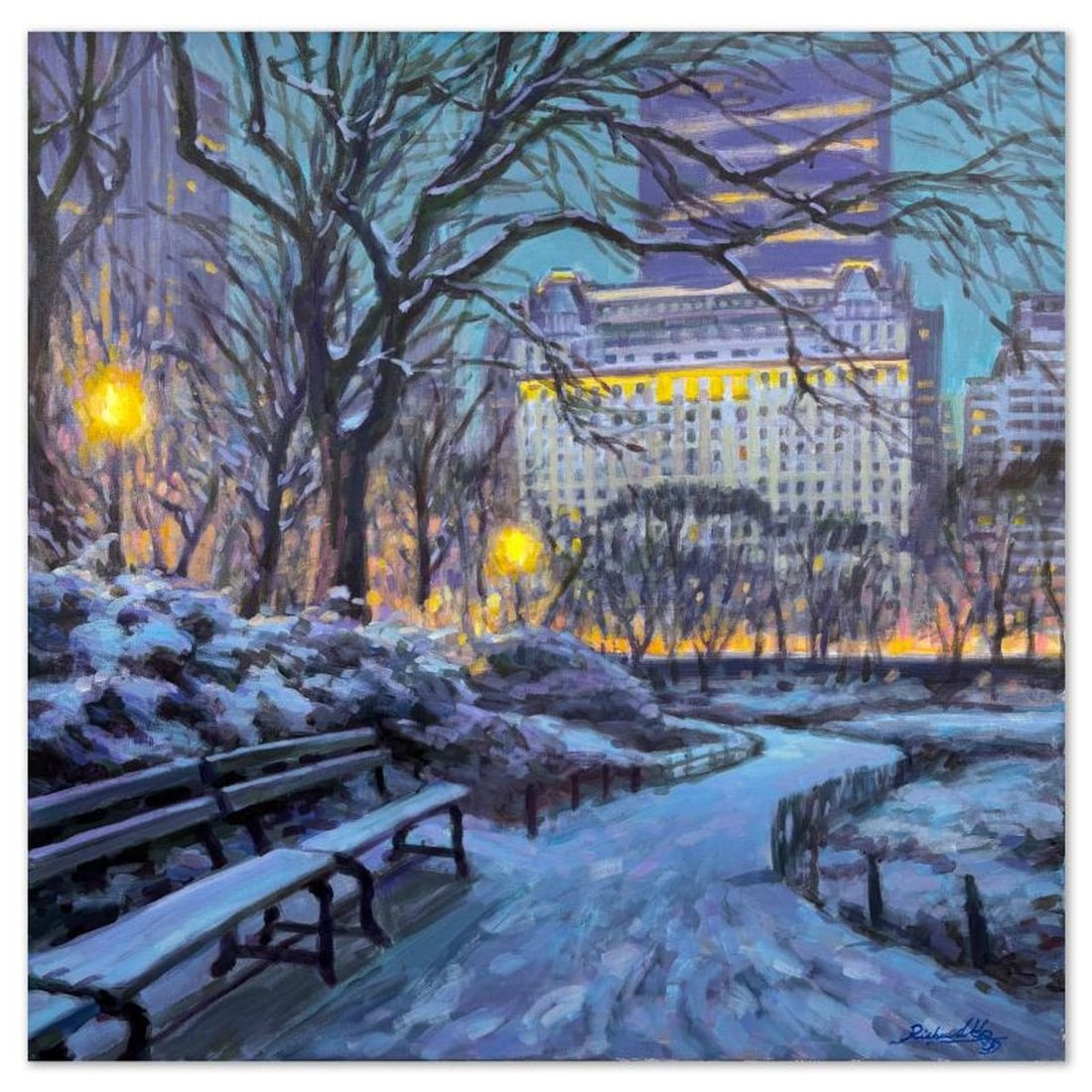 Richard Ho, "At the Plaza, Winter" Original Acrylic Painting on Canvas, Hand Signed with Letter of: At the Plaza, Winter is an original acrylic painting on stretched canvas by Richard Ho, hand signed by the artist. Includes Letter of Authenticity. Measures approx. 30" x 30" (image).