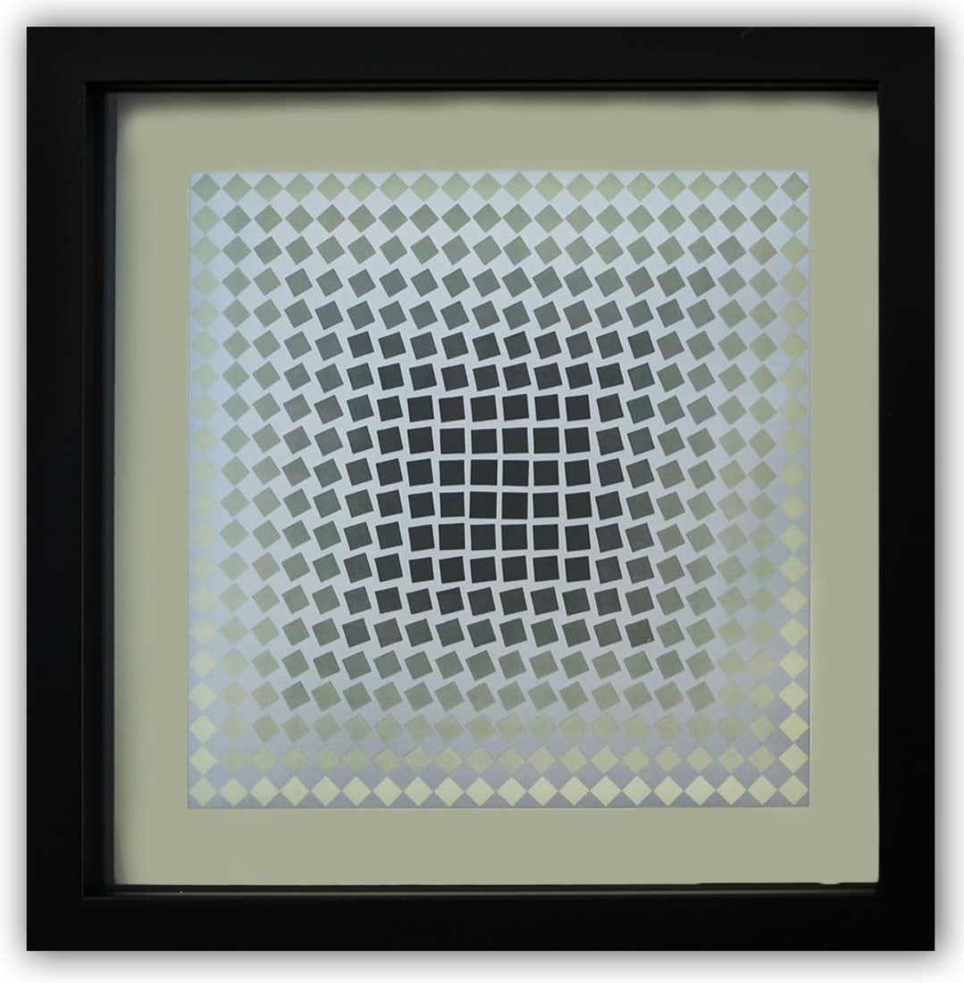 Victor Vasarely- Heliogravure Print "Untitled": Artist: Victor Vasarely. Medium: Heliogravure Print. Title: Untitled. Size: 11" x 11". Measures approx. 12" x 12" (framed). Certificate of Authenticity: Is Included. Additional: Custom Framed. Referen