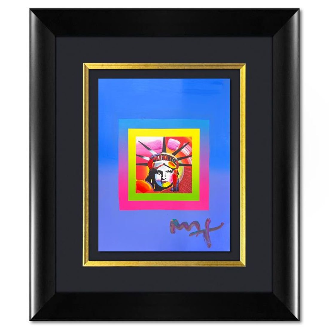 Peter Max, "Liberty" Framed One-of-a-Kind Acrylic Mixed Media, Hand Signed with Registration Number: Liberty is a hand signed one-of-a-kind acrylic mixed media on paper by Peter Max. The piece comes custom framed with a backside cutout to display Peter Max Studio registration number 158660 certifying