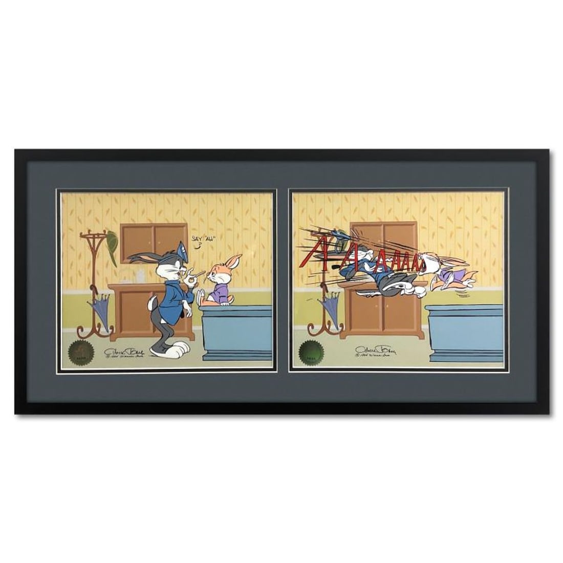 Chuck Jones (1912-2002), "Bugs Doctor: Say Ah!" Framed Limited Edition Sericel Diptych with Hand: Bugs Doctor: Say Ah! is a limited edition sericel diptych with hand painted color on sericel outline, dated (1994), numbered and hand signed by Chuck Jones (1912-2002). This piece comes custom framed.