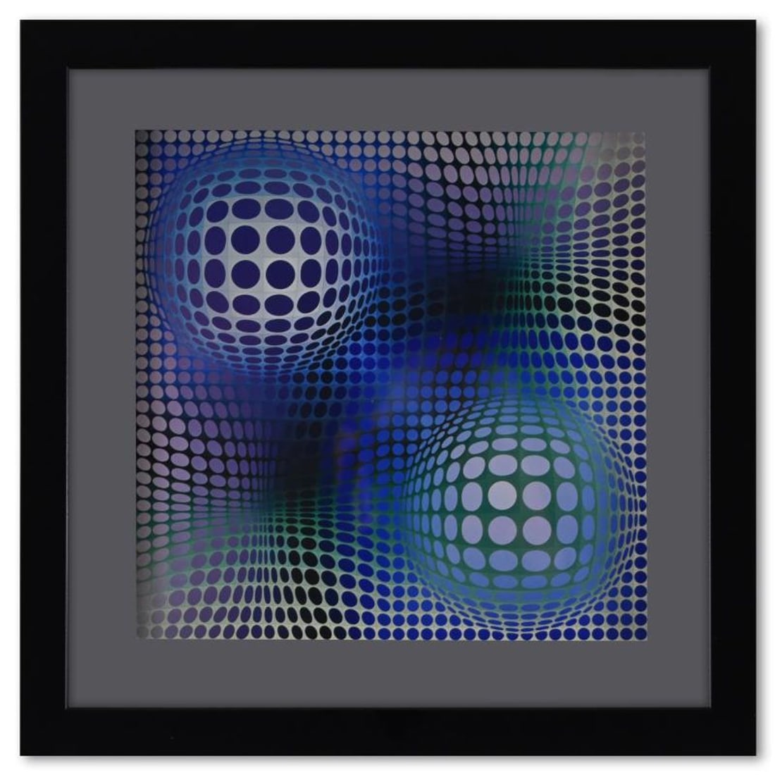 Victor Vasarely (1908-1997), "Feny de la serie Structures Universelles Du Damier" Framed 1975: Feny de la serie Structures Universelles Du Damier is a heliogravure print on paper, published in 1975, by Victor Vasarely (1908-1997). This piece comes custom framed, with a letter of authenticity