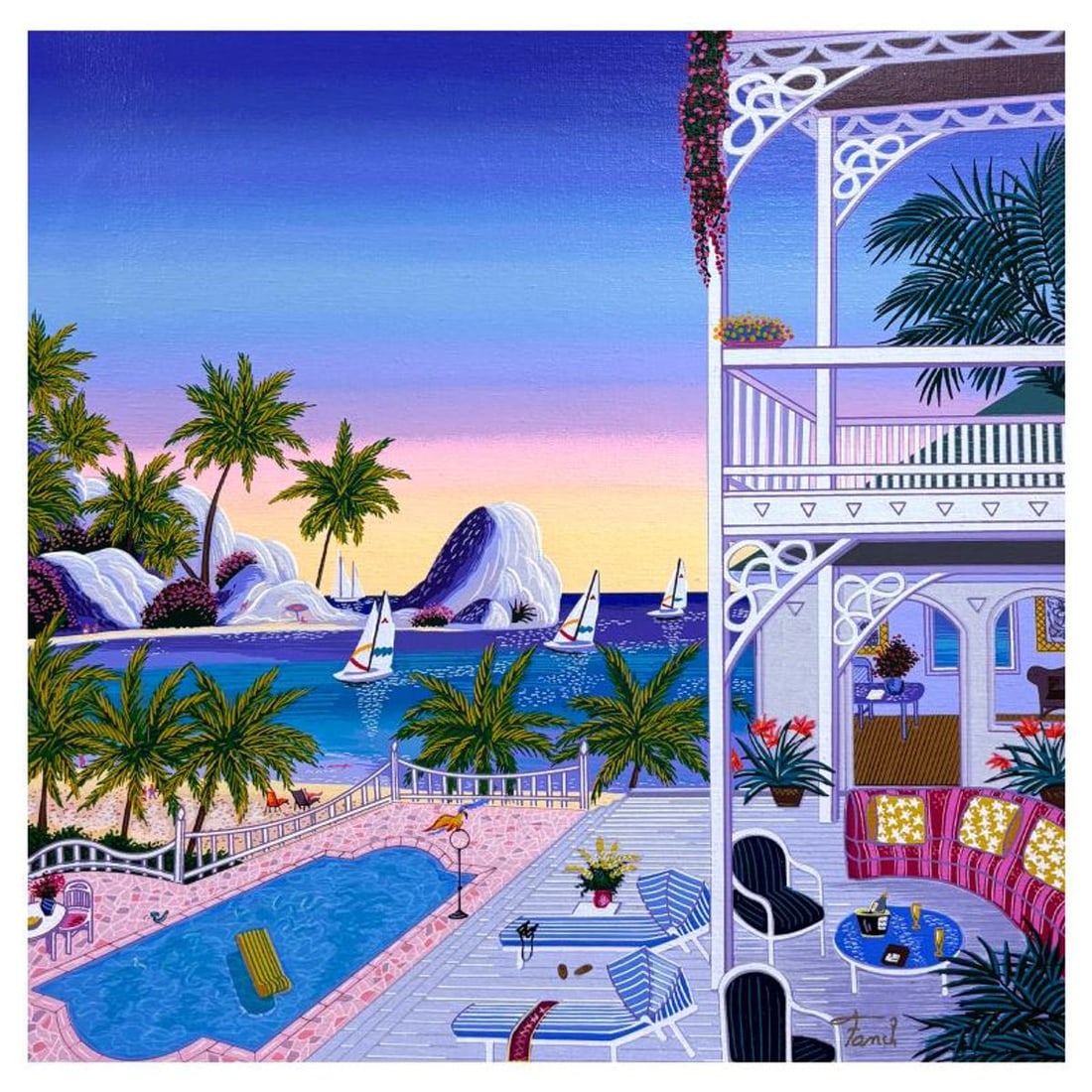 Fanch Ledan, "Seychelles Villa" Limited Edition Serigraph on Canvas, AP Numbered and Hand Signed: Seychelles Villa is a limited edition serigraph on canvas by Fanch Ledan, AP numbered and hand signed by the artist. Includes Certificate of Authenticity. Measures approx. 13.5" x 13.5" (image).