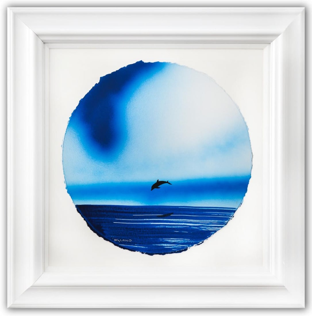 Wyland- Original Watercolor Painting on Deckle Edge Paper "Dolphins": Artist: Wyland. Medium: Original Watercolor Painting on Deckle Edge Paper. Title: Dolphins. Size: 19" x 19". Measures approx. 30" x 30" (framed). Signature: Hand Signed by the artist. Certificate of