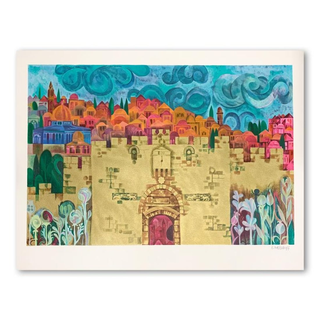 E. Weishoff, "Lions Gate - Jerusalem" Hand Signed Limited Edition Serigraph on Paper with Letter of: Lions Gate - Jerusalem is a limited edition serigraph on paper by E. Weishoff. It is numbered and hand signed and includes a letter of authenticity. Measures approximately 18.5" x 28" (image). Referen