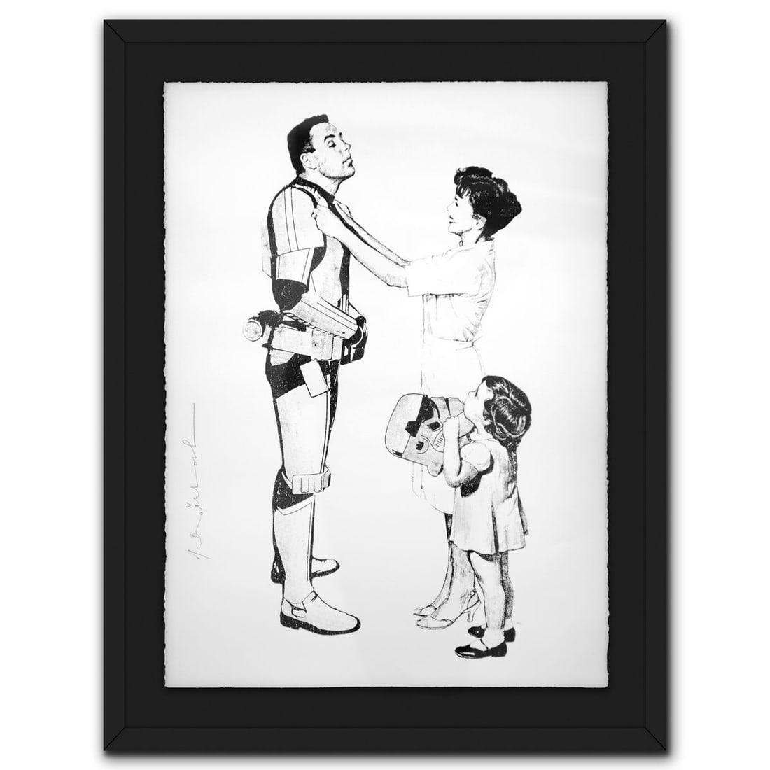 Mr. Brainwash- Silkscreen "Late for Work (Stormtrooper)": Artist: Mr. Brainwash. Medium: Silkscreen. Title: Late for Work (Stormtrooper). Size: 30" x 22". Measures approx. 36" x 28" (framed). Signature: Hand signed. Certificate of Authenticity: Is included. 