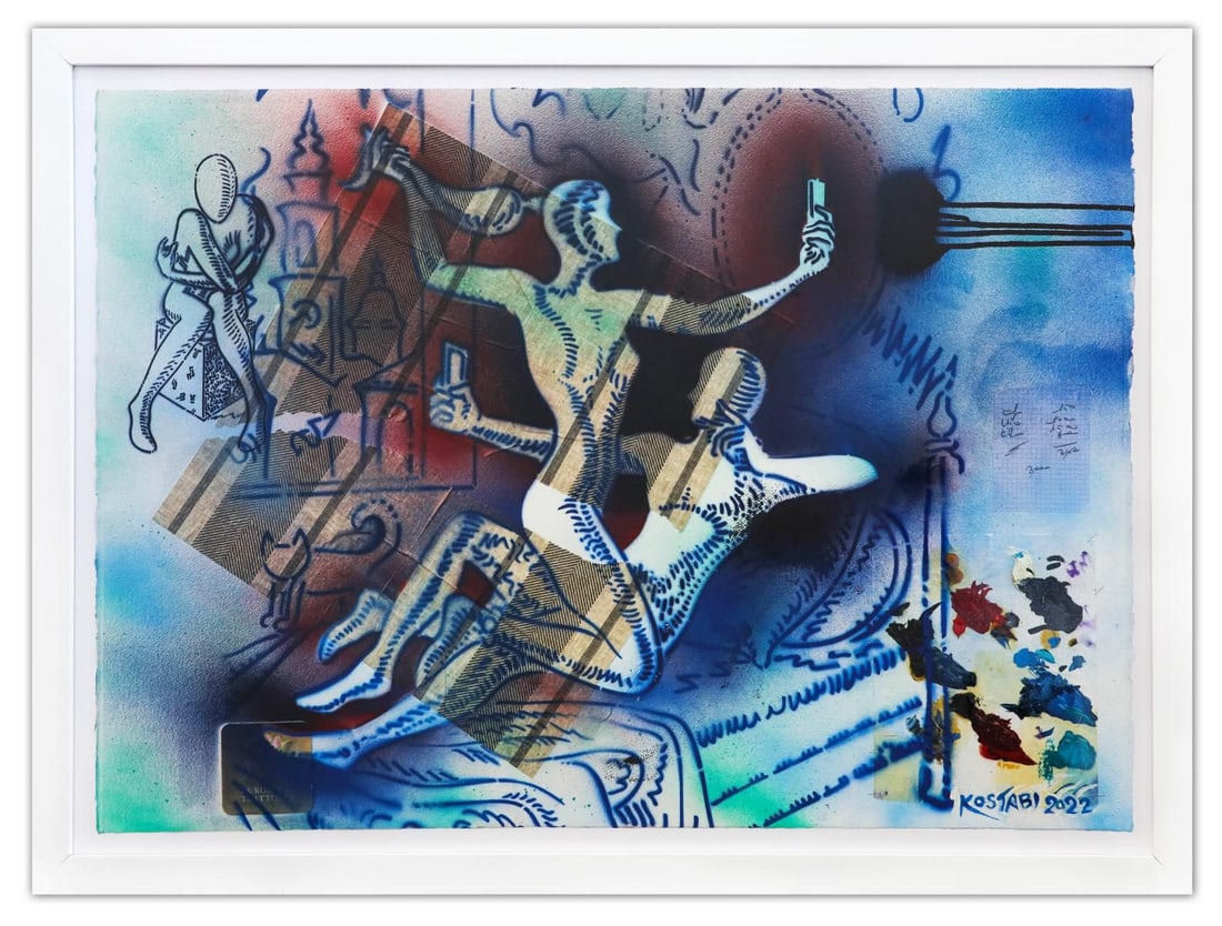Mark Kostabi- Original Mixed Media on Paper "Tipping High, 2022": Artist: Mark Kostabi. Medium: Original Mixed Media on Paper. Title: Tipping High, 2022. Size: 30" x 40". Measures approx. 35" x 47" (framed). Signature: Hand Signed by the artist. Certificate of Authe