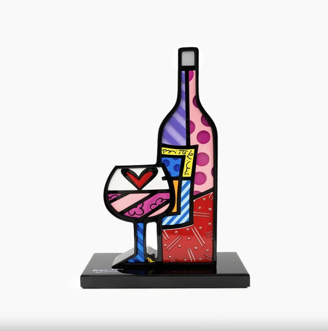 Romero Britto- Resin Sculpture with Hand Embellishments "Wine Bottle & Wine Glass": Artist: Romero Britto. Medium: Resin Sculpture with Hand Embellishments. Title: Wine Bottle & Wine Glass. Size: 13.5" x 8.75" x 4.62". Signature: Hand signed by the artist and includes an exclusive ho