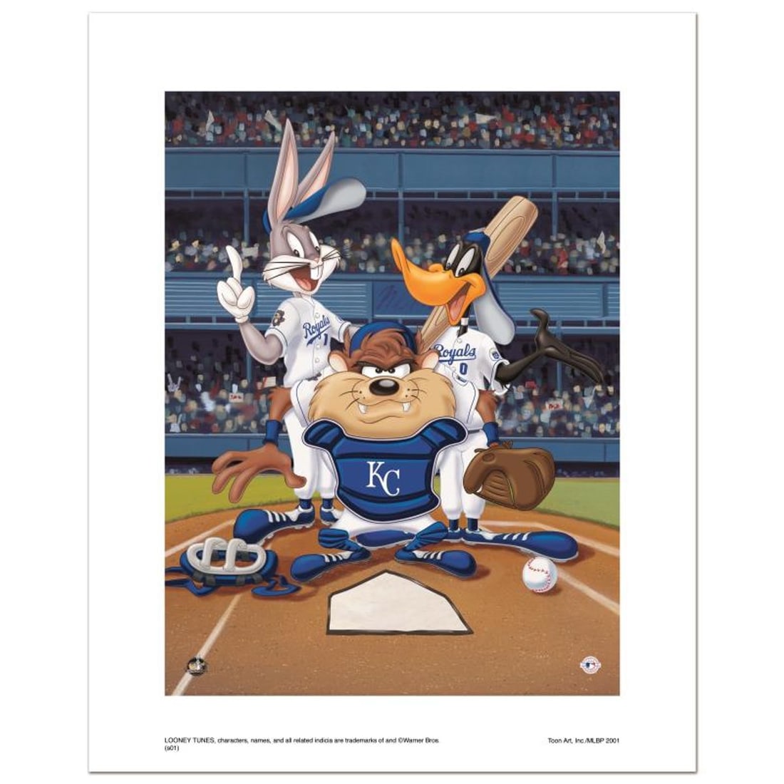 At the Plate (Royals) Numbered Limited Edition Giclee from Warner Bros. with Certificate of: At the Plate (Royals) is a limited edition giclee on paper from Warner Bros. featuring iconic Looney Tunes characters in Kansas City Royals MLB uniforms. It comes numbered, with hologram seal, and a C