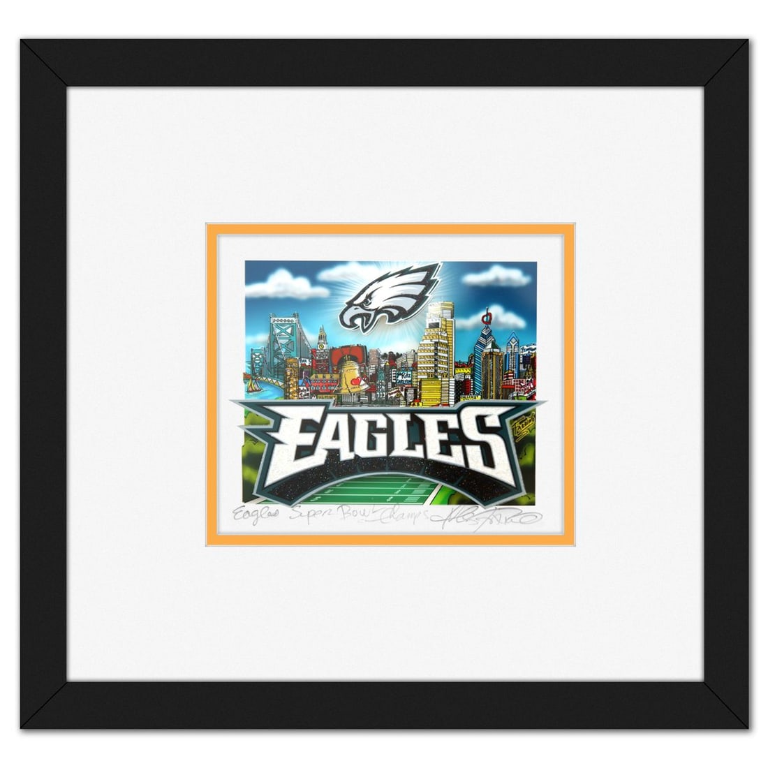 Charles Fazzino- 3D Construction Silkscreen Serigraph "Eagles Super Bowl Champs": Artist: Charles Fazzino. Medium: 3D Construction Silkscreen Serigraph. Title: Eagles Super Bowl Champs. Size: 5" x 6". Measures approx. 11" x 12" (framed). Signature: Hand signed and numbered. Certifi