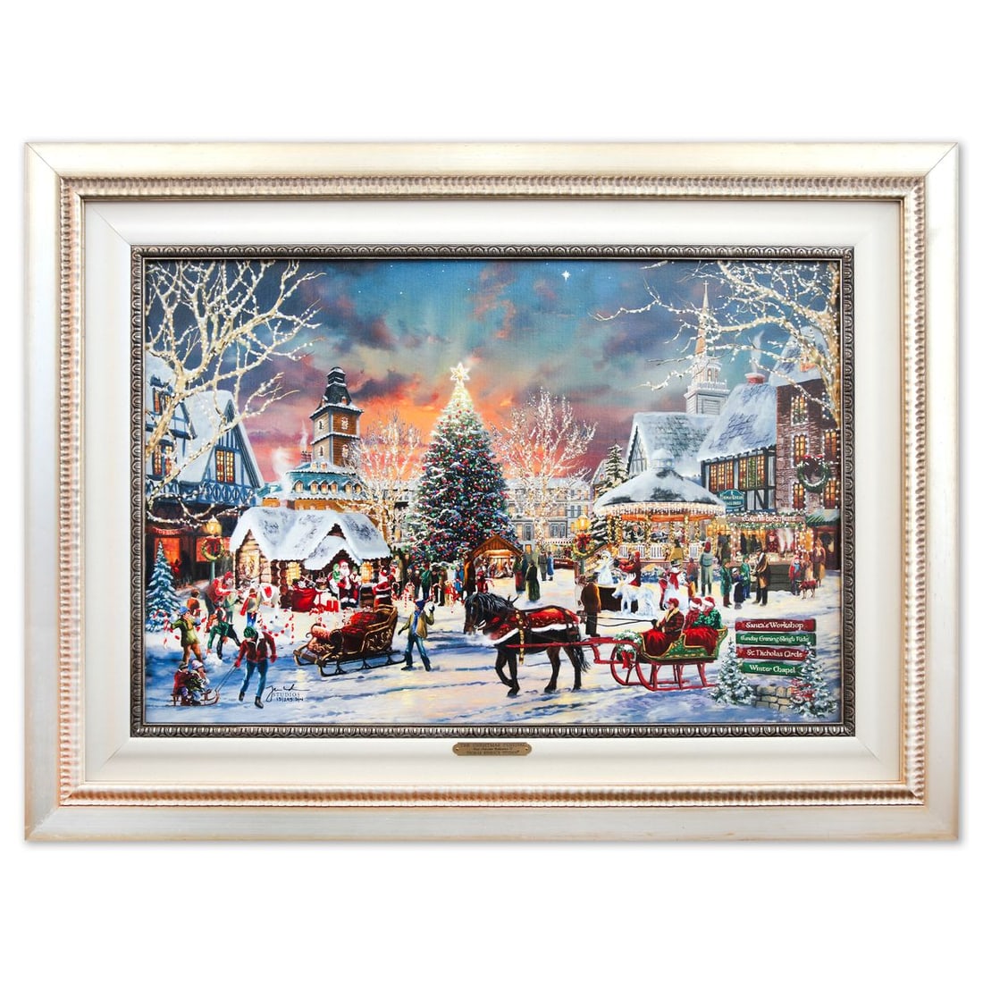 Thomas Kinkade- Hand Embellished Giclee on Canvas "The Christmas Festival": Artist: Thomas Kinkade. Medium: Hand Embellished Giclee on Canvas. Title: The Christmas Festival. Size: 17.5" x 26.5". Measures approx. 27" x 32" (framed). Signature: Hand signed and numbered.