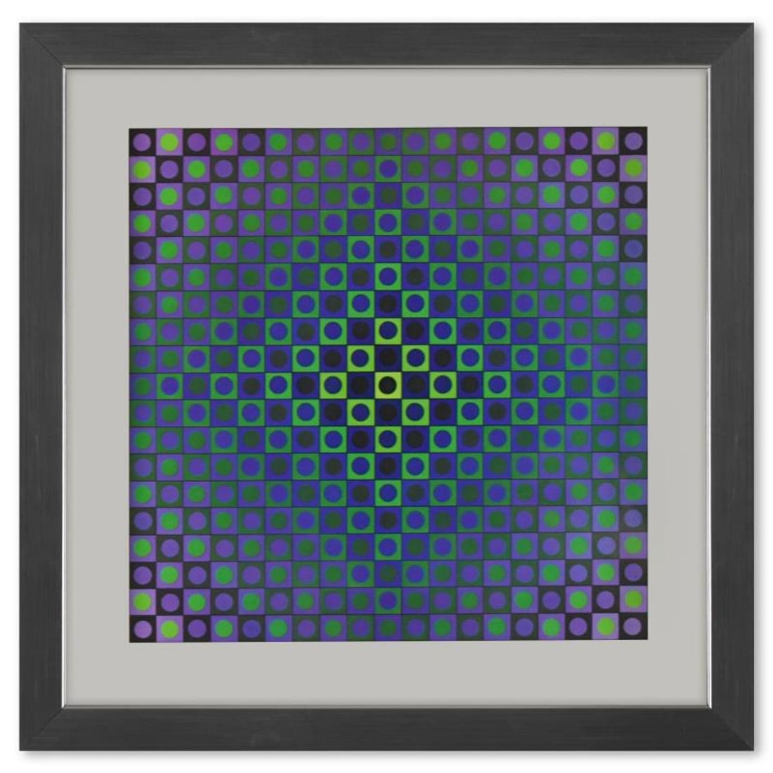 Victor Vasarely (1908-1997), "Boglar de la serie Folklore Planetaire" Framed 1971 Heliogravure Print: Boglar de la serie Folklore Planetaire is a heliogravure print on paper, published in 1971, by Victor Vasarely (1908-1997). This piece comes custom framed, with a letter of authenticity and with a 197