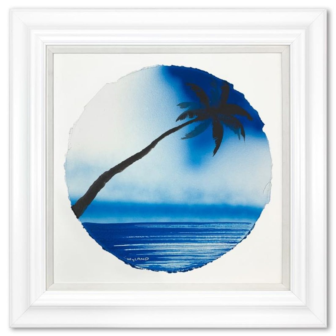 Wyland- Original Watercolor Painting on Deckle Edge Paper "Palm Trees": Artist: Wyland. Medium: Original Watercolor Painting on Deckle Edge Paper. Title: Palm Trees. Size: 19.5" x 19.5". Measures approx. 27.5" x 27.5" (framed). Signature: Hand signed. Certificate of Authe