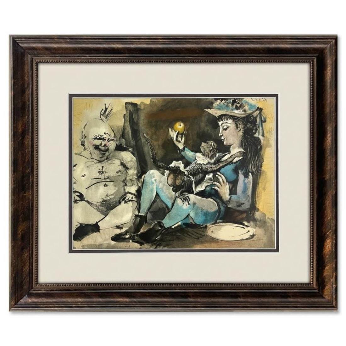 Pablo Picasso (1881-1973), "La Comedie Humaine 26.1.54" Framed Vintage Lithograph on Paper with: La Comedie Humaine 26.1.54 is a vintage lithograph on paper by Pablo Picasso (1881-1973). This piece is from Picasso's Human Comedy Series and was printed in Paris, France by Mourlot Studios in 1954. 