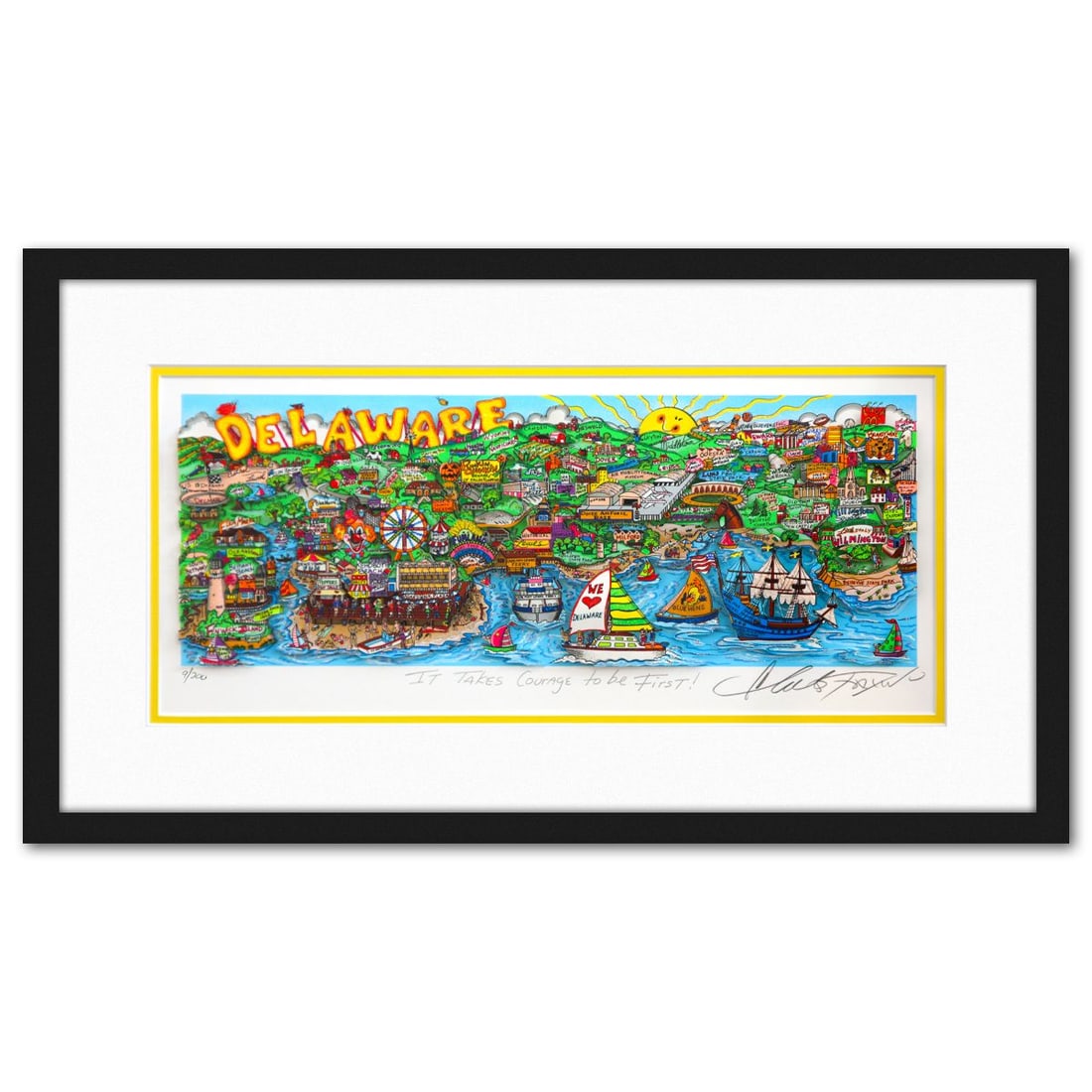 Charles Fazzino- 3D Construction Silkscreen Serigraph "It Takes Courage to be First !": Artist: Charles Fazzino. Medium: 3D Construction Silkscreen Serigraph. Title: It Takes Courage to be First !. Size: 8" x 18". Measures approx. 14" x 25" (framed). Signature: Hand signed and numbered. 